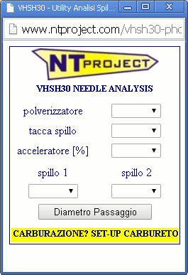 Esempio utilizzo utility per scelta spillo polverizzatore scooter minimoto by NT-Project