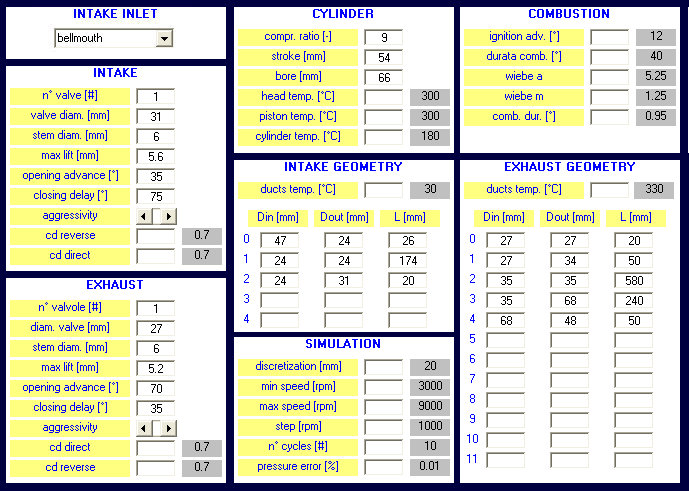 Input Data for 4 Stroke Single Cylinder Engine Simulation - Four Stroke Simulator by NT-Project